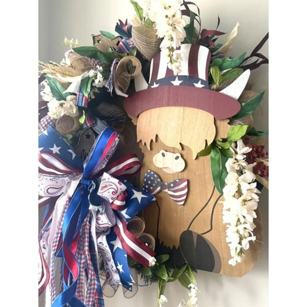 Grand Patriotic Highland Cow‎ Wreath Patriotic Americana Decor